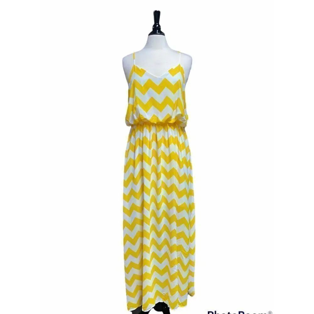 Yellow & White Chevron Sleeveless Maxi Dress Size Large